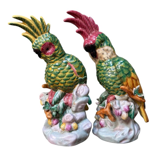 Lovely vintage pair of hand-painted porcelain cockatoo parrot figurines, circa mid-20th century. Beautifully detailed in...