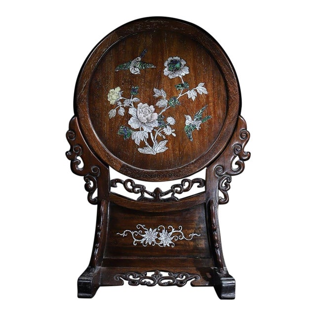 Late 20th Century Wooden Table Screen With Mother-of-Pearl Bird and Floral Inlay For Sale