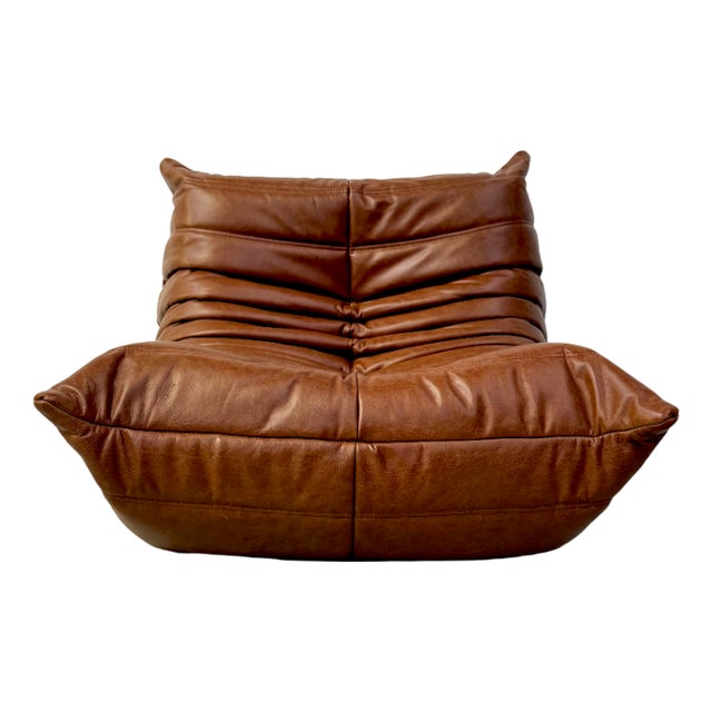 French Togo Lounge Chair in Dark Cognac Leather by Michel Ducaroy for Ligne Roset For Sale