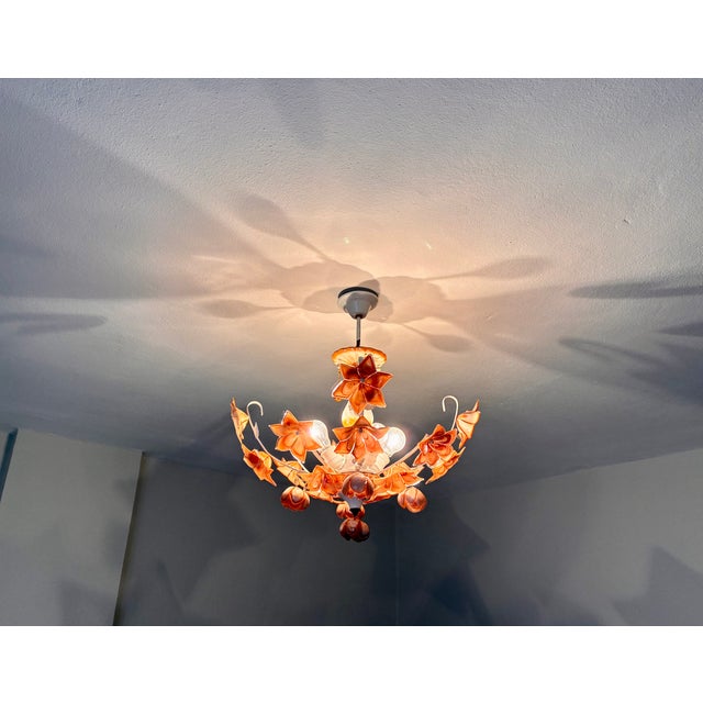 Ceramic Vintage Italian Murano Style Amber Brown Floral Chandelier - Porcelain Body With Crystal Teardrops For Sale - Image 7 of 18