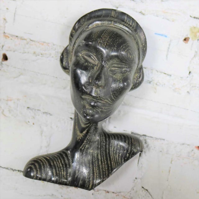 MCM to Art Deco Style Ebonized Oak Carved Female Bust Vintage Wall Sculptures, a Pair For Sale - Image 9 of 13