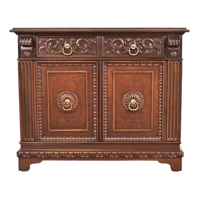 Berkey & Gay Antique English Tudor Carved Walnut and Burl Wood Bar Cabinet, Newly Refinished For Sale