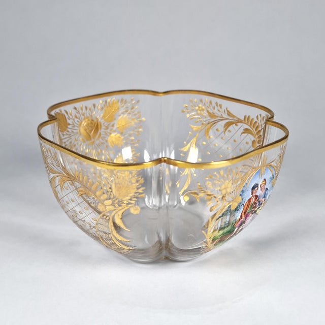 J. & L. Lobmeyr Antique Quatrefoil Gilded Glass Bowl Austrian Bohemian Cut Enamel Watteau Style For Sale - Image 4 of 17