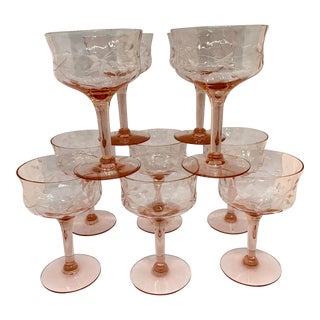 1940s Pink Depression Champagne Coupes Tall Sherbet- Set of 9 For Sale