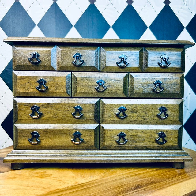 Wood Musical Jewelry Chest Vintage Velvet Felt Lined Schmid Bros For Sale - Image 4 of 10