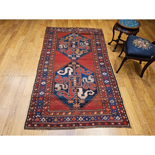 Antique Cloudband Kazak Area Rug, Hand-Knotted Wool, Geometric Design, Red & Blue, 5' x 8' For Sale In Chicago - Image 6 of 15