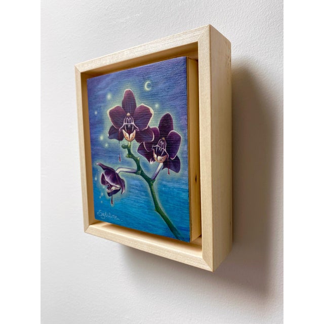 Contemporary Sanguis Maledictum by Sybiline | Oil on Wood Painting of dark orchids with dripping petals For Sale - Image 3 of 3