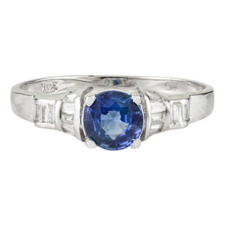 Art Deco-Inspired Round Blue Sapphire & Baguette Diamond Ring Size 5.5 in 14k White Gold For Sale