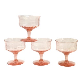 Vintage Pink Etched Glass Coupe Glasses- Set of 4 For Sale