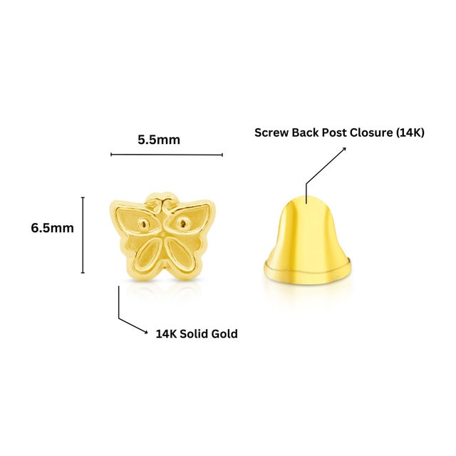Metal 14k Solid Yellow Gold Dainty Butterfly Stud Earrings Screw Back Closure - 2 Pieces For Sale - Image 7 of 9