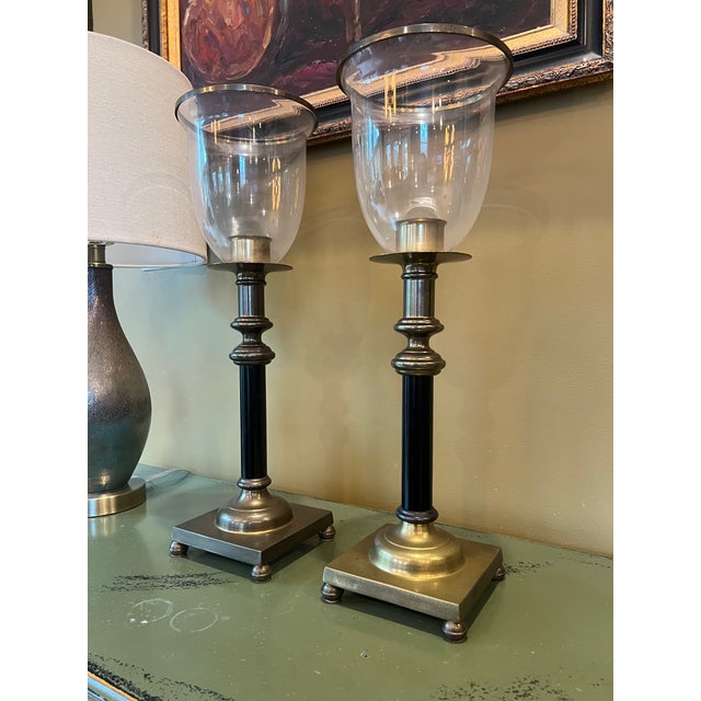 Neoclassical Regency Style Brass Hurricane Lamps, Neoclassical Candlesticks With Glass Shades For Sale - Image 3 of 10