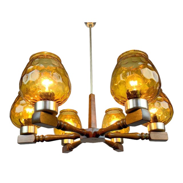 Mid-Century Wood and Glass Chandelier, 1970s For Sale