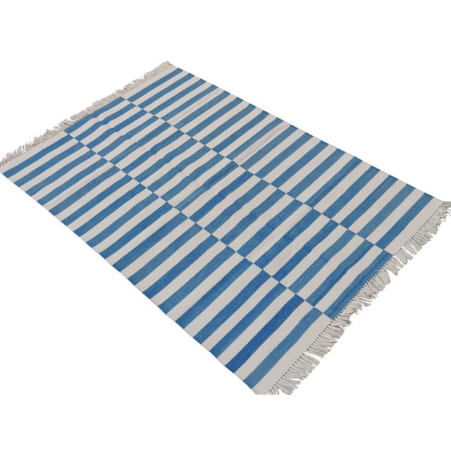 Handmade Cotton Striped Rug, Sky Blue And White 8'x10' For Sale - Image 6 of 6