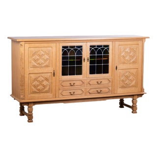 Danish Brutalist Oak Highboard with Leaded Colored Glass, 1960s For Sale