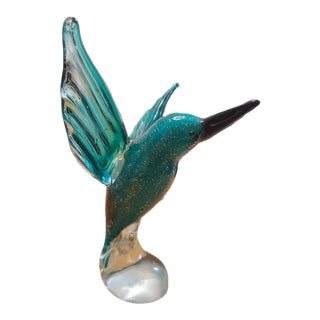 Vintage Gca Murano Style Art Glass Blue Turquoise Flying Hummingbird Figurine For Sale
