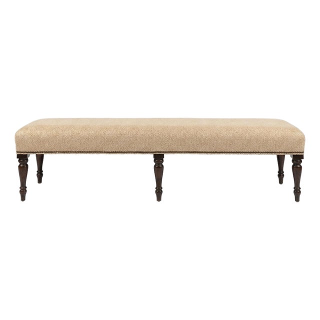 Custom Upholstered Turned-Leg Bench With Nailhead Trim For Sale