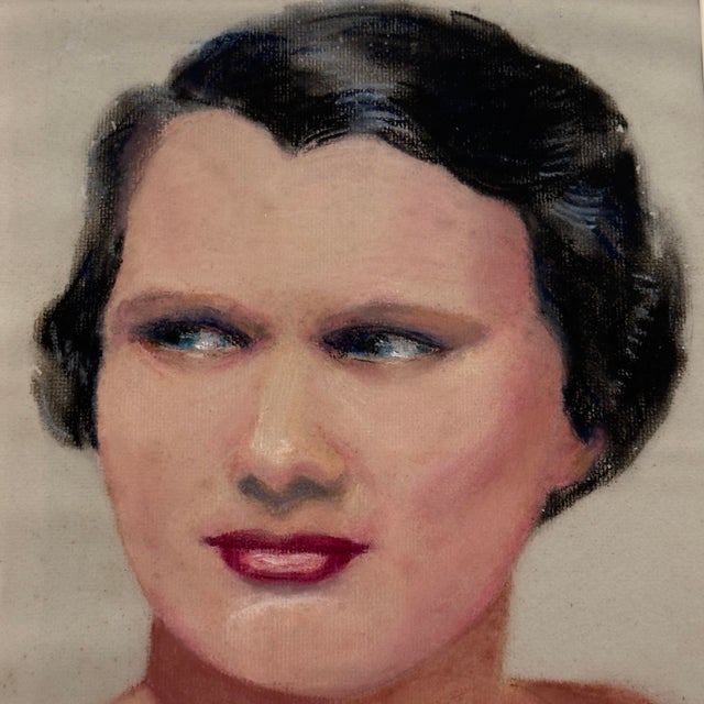 1930s Vintage 1930s Original Pastel Bust Portrait of a Woman, Art Deco For Sale - Image 5 of 10