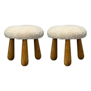 Danish Modern Style, Sheepskin Stools, Beige Shearling, Maple, Usa, 21st C. For Sale