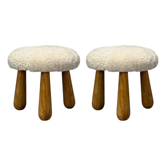 Danish Modern Style, Sheepskin Stools, Beige Shearling, Maple, Usa, 21st C. For Sale