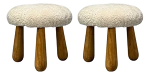 Danish Modern Style, Sheepskin Stools, Beige Shearling, Maple, Usa, 21st C.