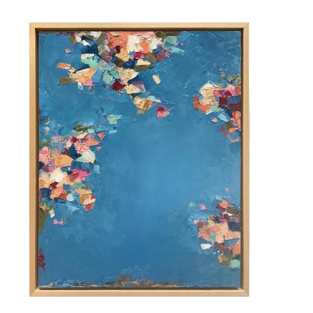 Contemporary Blue Abstract "Petals" Oil Painting in Maple Float Frame For Sale