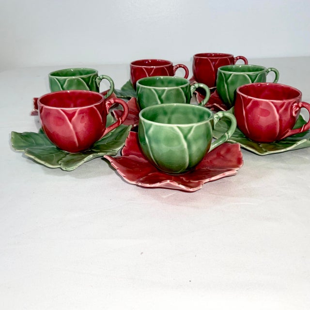 American 1970s Vintage Hollywood Regency Boho Chic Majolica Cabbageware Demitasse Cups & Saucer, Service for 8 - 16 Pieces, Christmas For Sale - Image 3 of 11