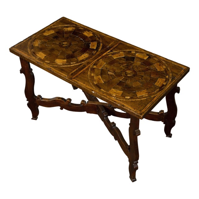 Italian 18th Century Baroque Style Carved Walnut Table with Marquetry Décor For Sale