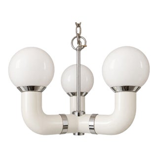 1960s Mid Century Modern 3 Globe Space Age Acrylic Chrome Opaline Glass Pendant Chandelier For Sale
