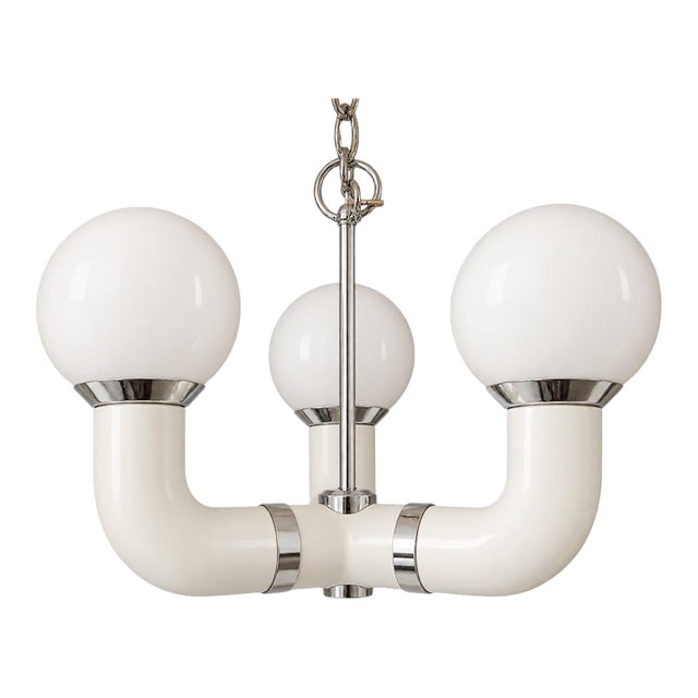 1960s Mid Century Modern 3 Globe Space Age Acrylic Chrome Opaline Glass Pendant Chandelier For Sale