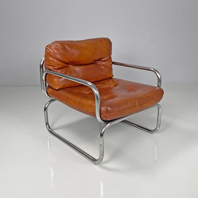 Modern Italian Brown Faux Leather and Chromed Metal Chairs, 1970s, Set of 2 For Sale - Image 3 of 18