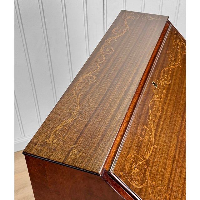 Antique Victorian Mahogany Inlaid Fruitwood Drop Front Secretary Desk For Sale - Image 9 of 11