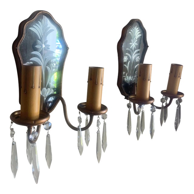 1910s Etched Mirror and Crystal Brass Sconces With Paint - a Pair For Sale