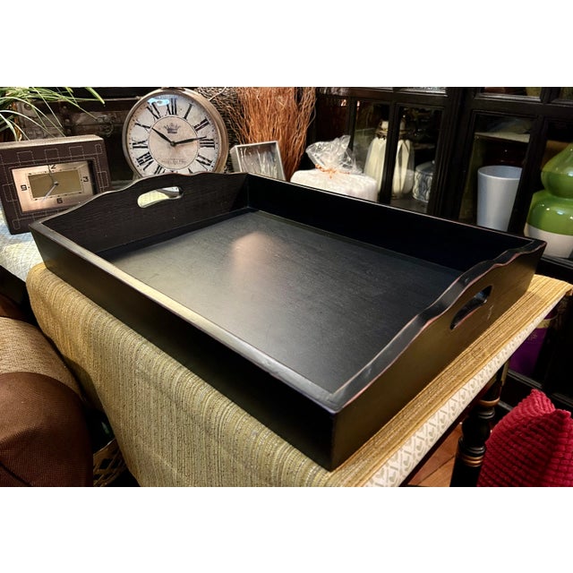 Farmhouse Extra Large Distressed Black Farmhouse Serving Tray With Handle Cutouts For Sale - Image 3 of 4