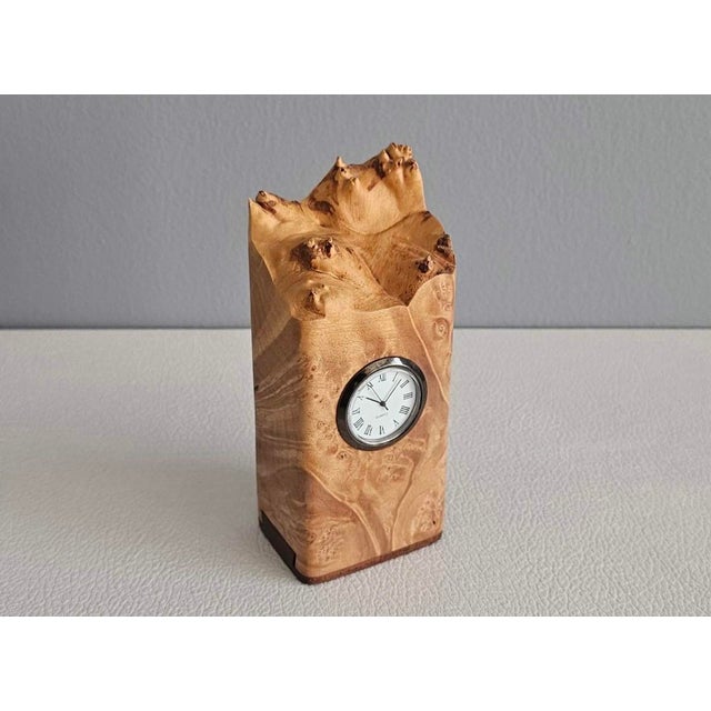 Michael Elkan Signed Hand-Carved Curly Maple Burl Desk Clock With Hidden Compartment For Sale In New York - Image 6 of 9