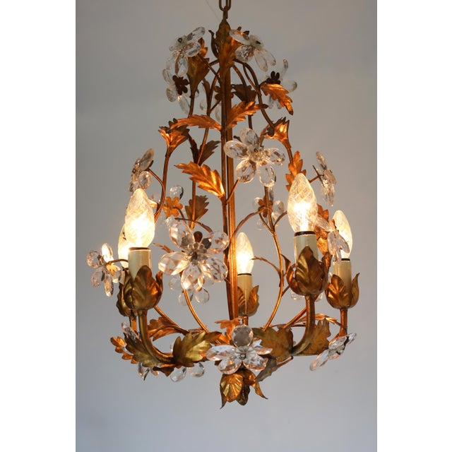 1950s Mid-Century Modern Italian Tôle Chandelier with Crystal Flowers, 1950s For Sale - Image 5 of 13