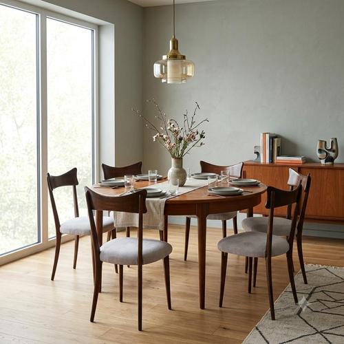Six vintage Italian-made dining chairs, featuring an exposed stained beechwood frame and a newly refurbished seat with...