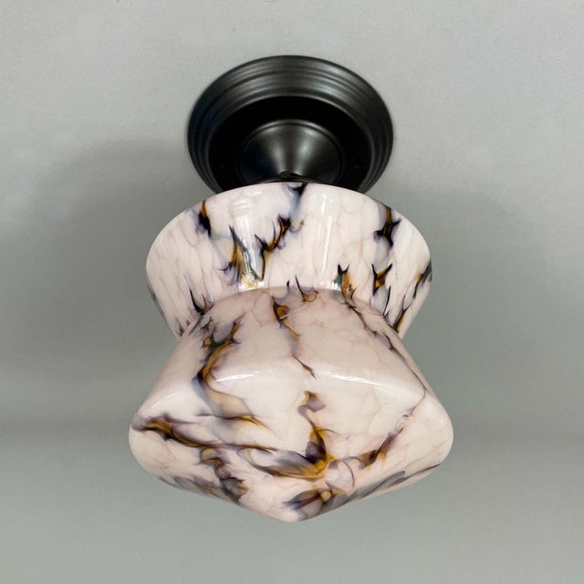 1930s Art Deco Pale Rose Marbled Opaline Glass and Burnished Flush Mount, Germany, 1930s For Sale - Image 5 of 18