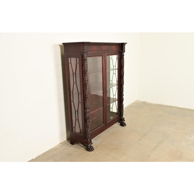 R. J. Horner & Co. R. J. Horner Style Antique American Empire Flame Mahogany Glass Front Bookcase Cabinet, Circa 1890s For Sale - Image 4 of 13
