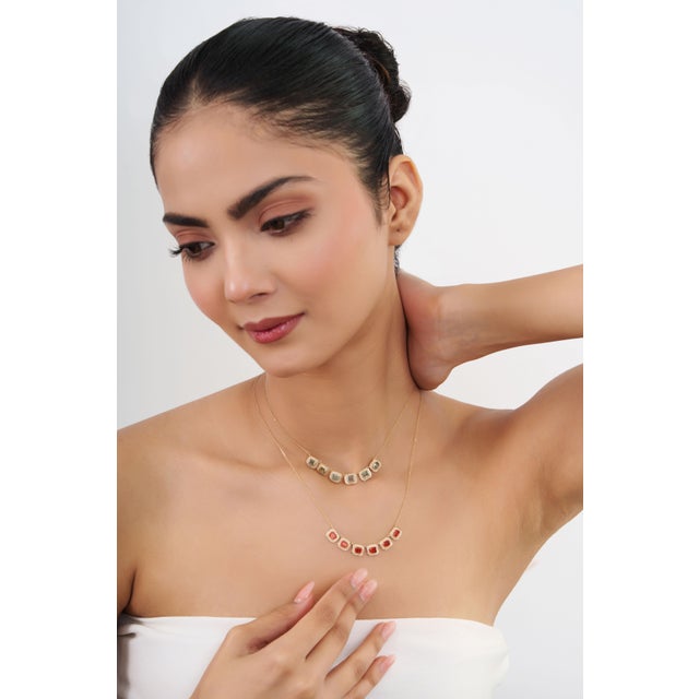 Not Yet Made - Made To Order 14k Yellow Gold 2.67ct Emerald-Cut Orange Sapphire Diamond Halo Station Necklace For Sale - Image 5 of 16