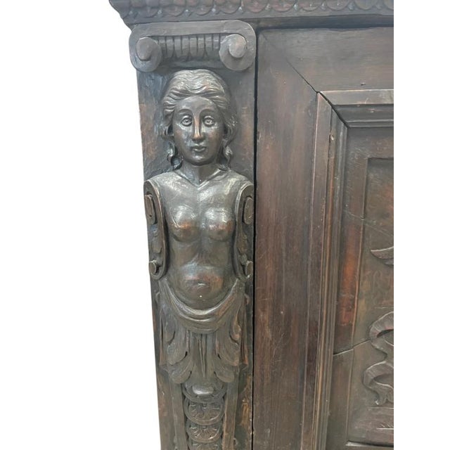 Wood Antique Renaissance Revival Carved Wood Cabinet With Figural Relief & Lion Supports For Sale - Image 7 of 18