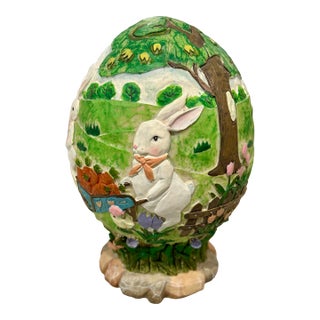 Hand Painted, Carved Resin Easter Egg With Bunny Garden Scenes For Sale