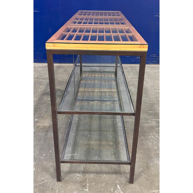 3 Tiered Custom Made Japanese Style Iron and Wood Console With Glass Tops For Sale - Image 4 of 11