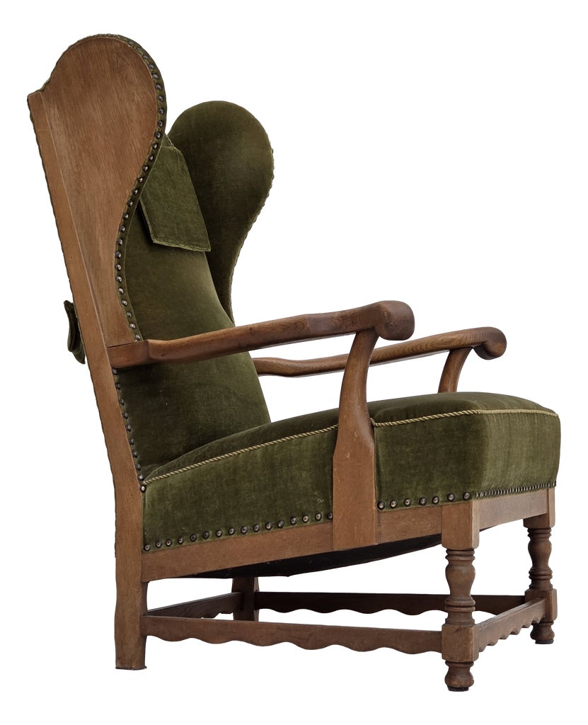 Vintage Danish Wingback Lounge Chair in Furniture Velour and Oak, 1960s