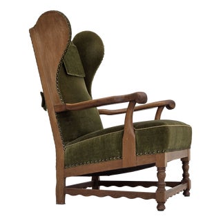 Vintage Danish Wingback Lounge Chair in Furniture Velour and Oak, 1960s For Sale