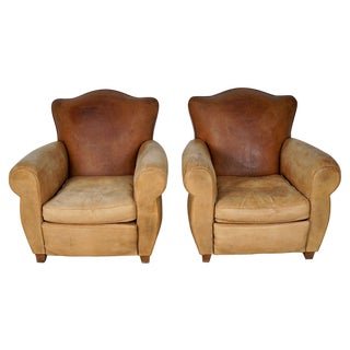 French Club Armchairs with Leather File Mustache Cognac, 1940s, Set of 2 For Sale