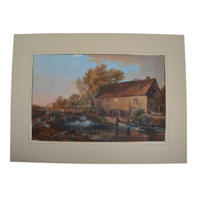 French School From the Beginning of the 19th Century "Pastoral in a Landscape at the Mill" Gouache For Sale