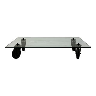 Gae Aulenti Tavolo Con Ruote Low Glass Coffee Table on Casters for Fontana Arte For Sale
