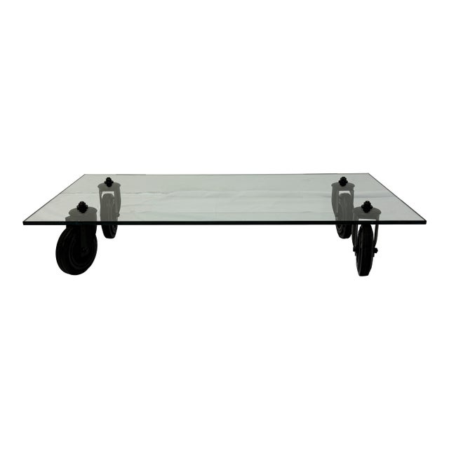 Gae Aulenti Tavolo Con Ruote Low Glass Coffee Table on Casters for Fontana Arte For Sale