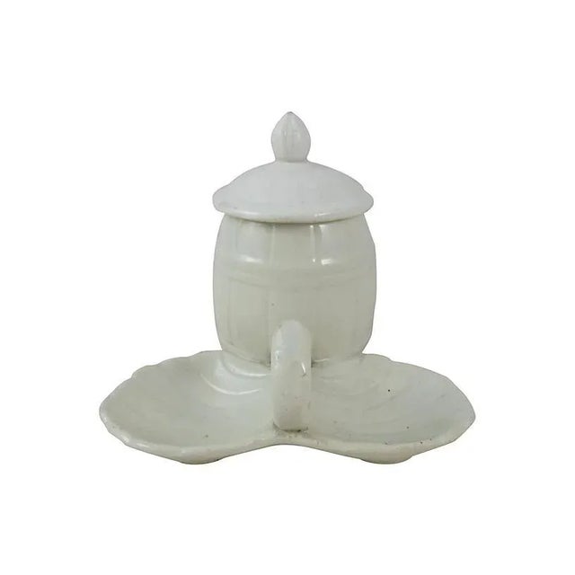 Antique French white ceramic salt, pepper, mustard set in a form of barrel signed Nidervillers, circa 1900.