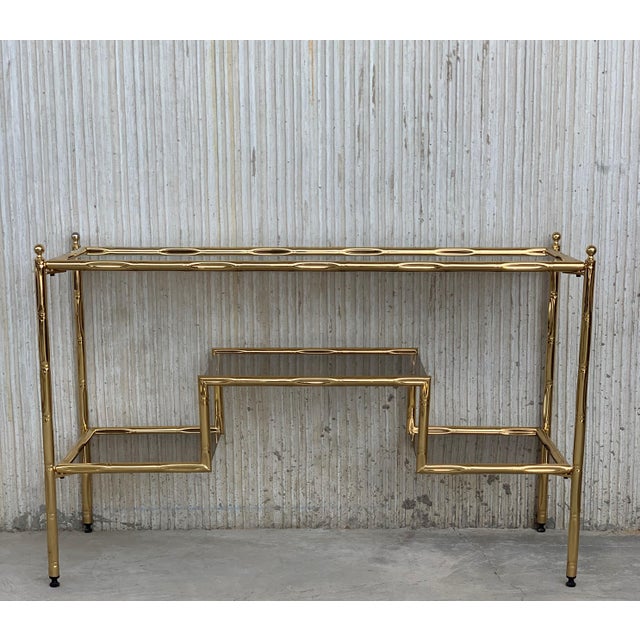 Mid-Century Modern Mid-Century Modern Italian Faux Bamboo Gilt Metal Console With Smoked Glass For Sale - Image 3 of 13